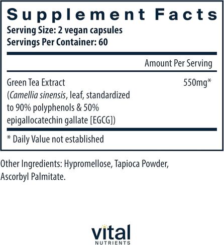 Vital Nutrients Green Tea Extract 550mg | Potent Antioxidant for Heart & Immune Health* | Polyphenols Supplement with EGCG | Gluten, Dairy, Soy Free | Non-GMO | 120 Capsules in Kuwait