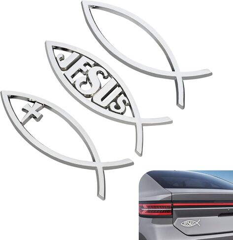 3 PCS Jesus Fish Car Emblem, 3D ABS Jesus Christian Fish Symbol Badge Sticker, 5.5"x1.8" Faith Religious Metal Badge Decal, Universal Decoration for Car Laptops Window (Silver) in Saudi Arabia