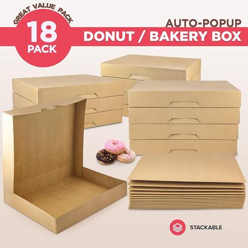 Fit Meal Prep 18 Pack Donut Box 15x11.5x2.25 Auto-Popup Macaron Boxes - Large Kraft Brown Boxes for Baked Goods, Cookies, Breads, Cupcakes, Pizza Durable, Convenient Pastry Box for Home and Bakery in Kuwait