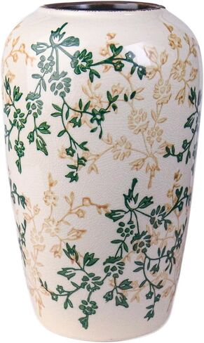 مزهرية سيراميك متوسطة الحجم مرسومة يدويًا مقاس 8.5 بوصة - نباتات خضراء وأزهار صفراء، طلاء زجاجي مشقق وحافة عتيقة، أعمال فنية مستوحاة من الصين in Kuwait