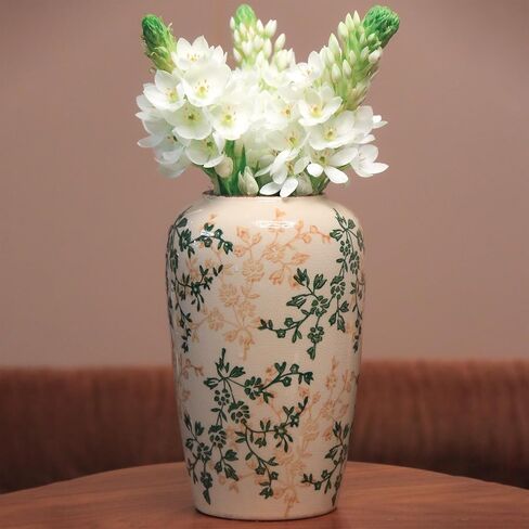 مزهرية سيراميك متوسطة الحجم مرسومة يدويًا مقاس 8.5 بوصة - نباتات خضراء وأزهار صفراء، طلاء زجاجي مشقق وحافة عتيقة، أعمال فنية مستوحاة من الصين in Kuwait