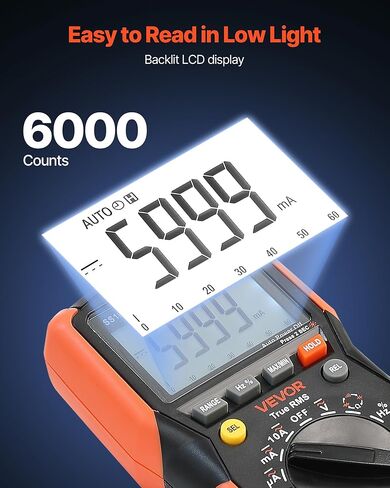 VEVOR Digital Multimeter, 6000-Count TRMS DC/AC Voltmeter Current Tester, Auto-Ranging Multimeter for Current Voltage Resistance Capacitance Temperature Diodes Continuity Low Impedance Measurment in Saudi Arabia