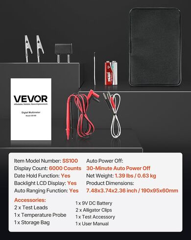 VEVOR Digital Multimeter, 6000-Count TRMS DC/AC Voltmeter Current Tester, Auto-Ranging Multimeter for Current Voltage Resistance Capacitance Temperature Diodes Continuity Low Impedance Measurment in Saudi Arabia