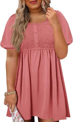 Beautife Women's Plus Size Smocked Summer Dress Casual Button Puff Sleeve Scoop Neck A-Line Beach Mini Dress in Kuwait