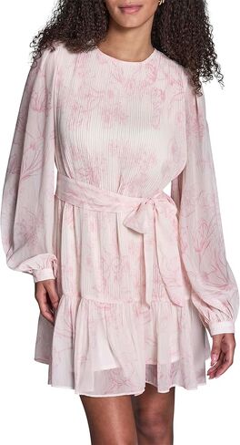 BCBG Women's Long Sleeve Self Tie Ruffle Trim Pleated Mini Dress in Saudi Arabia