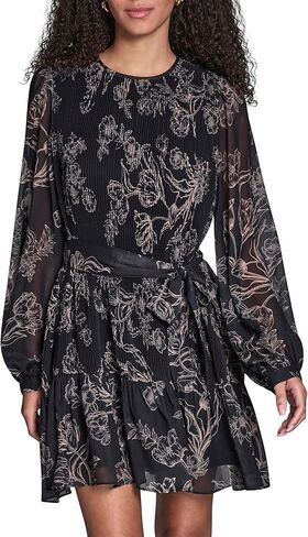 BCBG Women's Long Sleeve Self Tie Ruffle Trim Pleated Mini Dress in Kuwait