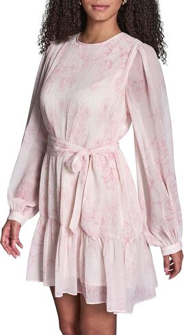 BCBG Women's Long Sleeve Self Tie Ruffle Trim Pleated Mini Dress in Saudi Arabia