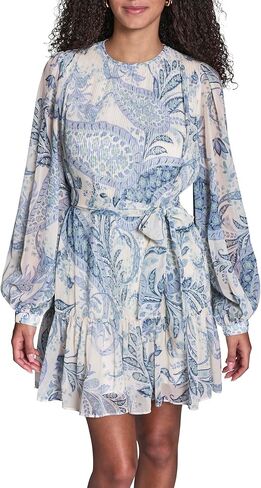 BCBG Women's Long Sleeve Self Tie Ruffle Trim Pleated Mini Dress in Saudi Arabia