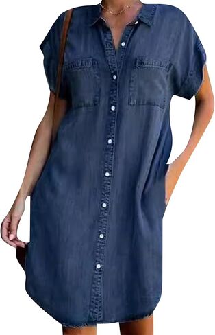 فستان جينز صيفي للسيدات من GORIFE بياقة على شكل حرف V متوسط ​​الطول كاجوال مع جيوب in Kuwait