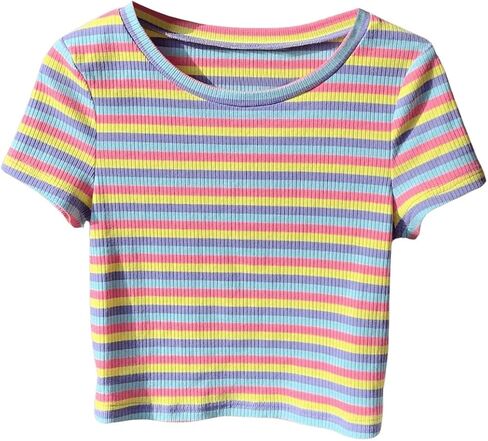 WDIRARA Women's Colorful Striped Short Sleeve Tee Shirt Y2k Crewneck Ribbed Knit Crop Tops in Kuwait