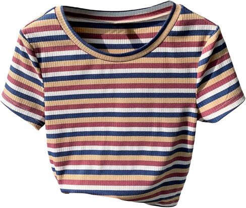 WDIRARA Women's Colorful Striped Short Sleeve Tee Shirt Y2k Crewneck Ribbed Knit Crop Tops in Saudi Arabia