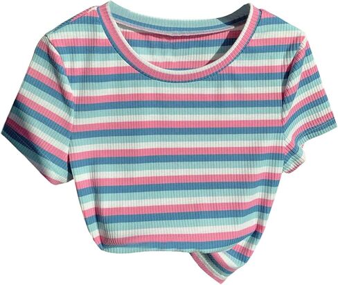 WDIRARA Women's Colorful Striped Short Sleeve Tee Shirt Y2k Crewneck Ribbed Knit Crop Tops in Saudi Arabia