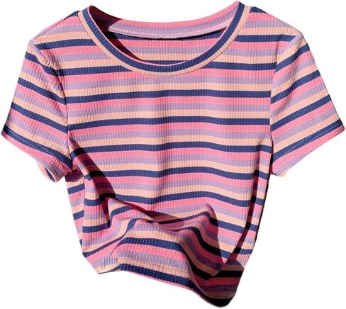 WDIRARA Women's Colorful Striped Short Sleeve Tee Shirt Y2k Crewneck Ribbed Knit Crop Tops in Saudi Arabia
