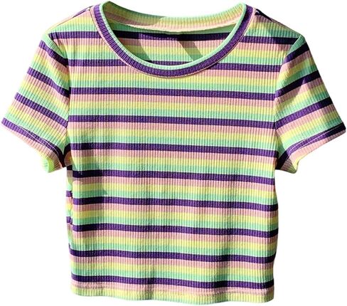 WDIRARA Women's Colorful Striped Short Sleeve Tee Shirt Y2k Crewneck Ribbed Knit Crop Tops in Saudi Arabia