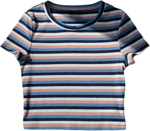 WDIRARA Women's Colorful Striped Short Sleeve Tee Shirt Y2k Crewneck Ribbed Knit Crop Tops in Saudi Arabia