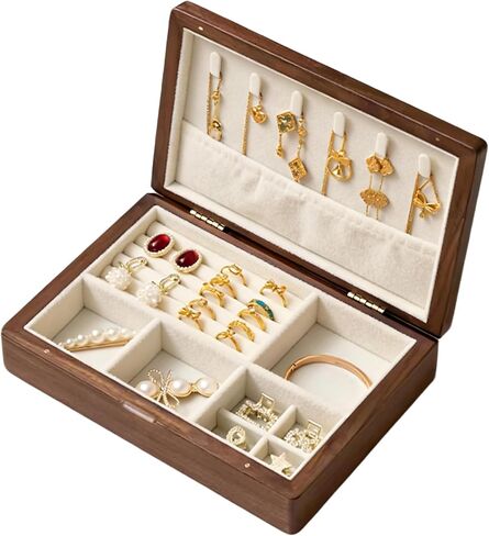 صندوق مجوهرات خشبي من طبقتين من خشب الجوز مع قفل ومفتاح للنساء، منظم مجوهرات خشبي مخملي عتيق لتخزين الأقراط والخواتم والقلائد والأساور in Kuwait