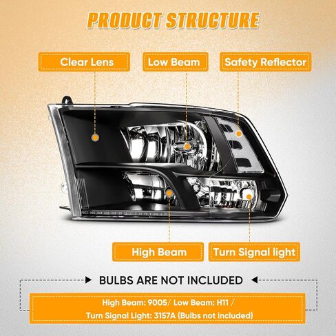 ASAPE Headlight Assembly - 2009-2018 for Dodge Ram Headlights Assembly for Dodge Ram 1500/2500/3500 Quad and Dual Style Auto Headlamp Replacement Driver and Passenger Side Black Housing in Saudi Arabia