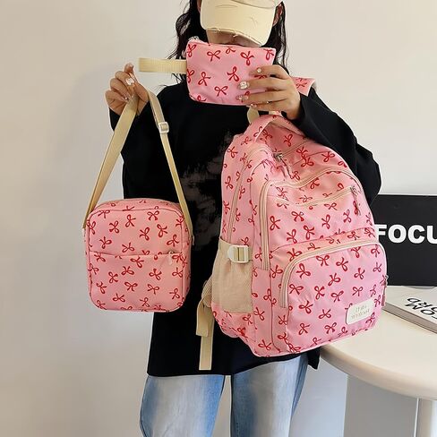 3-Piece Artistic Bow Backpack Set - Large Capacity Casual Travel Bag with Lunch Box and Case - Korean Style Daypack for Commute and Gifting（Rose red） in Saudi Arabia