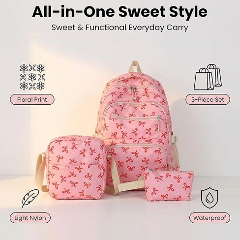 3-Piece Artistic Bow Backpack Set - Large Capacity Casual Travel Bag with Lunch Box and Case - Korean Style Daypack for Commute and Gifting（Rose red） in Saudi Arabia