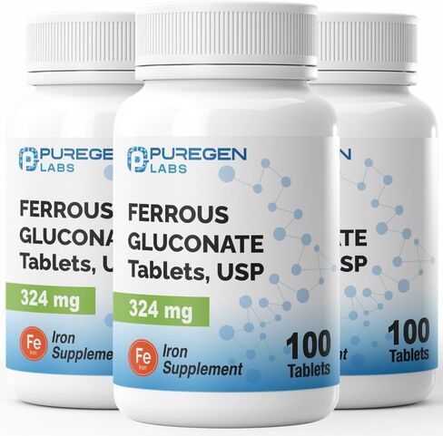 Puregen Labs غلوكونات الحديد 324 ملغ [فعالية عالية] مكمل حديد، لطيف على المعدة - 100 قرص in Kuwait