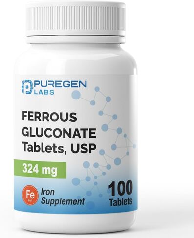 Puregen Labs Ferrous Gluconate 324 mg [High Potency] Iron Supplement, Gentle on Stomach - 100 Tablets in Kuwait
