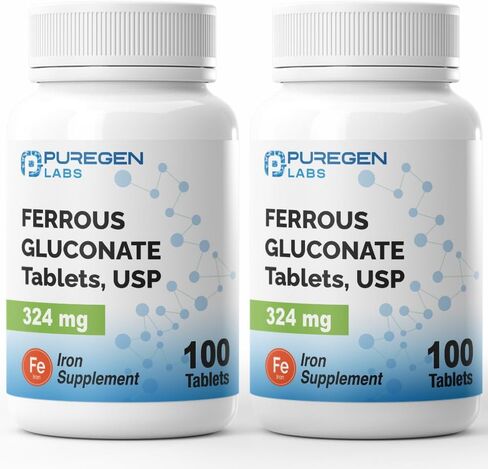 Puregen Labs غلوكونات الحديد 324 ملغ [فعالية عالية] مكمل حديد، لطيف على المعدة - 100 قرص in Kuwait