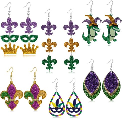 Mardi Gras Earrings Set for Women - Classy Purple Green Gold Drop Dangle Jewelry, Carnival Outfit Costume Jewelry Accessories Gifts in Kuwait