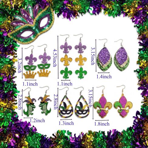 Mardi Gras Earrings Set for Women - Classy Purple Green Gold Drop Dangle Jewelry, Carnival Outfit Costume Jewelry Accessories Gifts in Kuwait