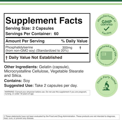 PhosphatidylSerine Supplement 300mg Per Serving, Manufactured in The USA, 120 Capsules (Phosphatidyl Serine Complex) Brain Booster Focus Supplement for Adults (Cortisol Manager) by Double Wood in Kuwait