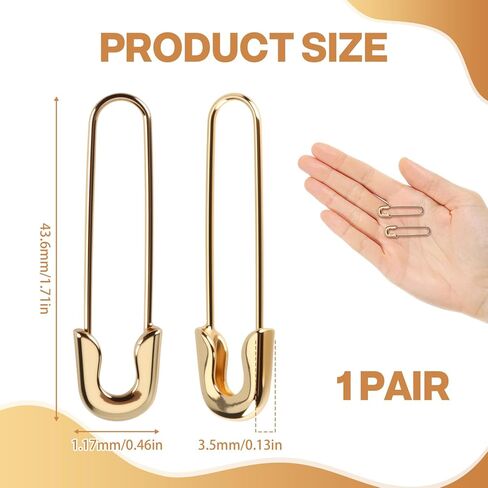 أقراط دبوس أمان ومشبك ورق من الذهب عيار 14 قيراط للنساء، أقراط عصرية فريدة من نوعها، مجوهرات غير تقليدية للارتداء اليومي والحفلات، 43 × 12 ملم in Kuwait