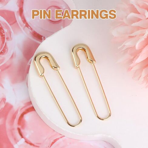 أقراط دبوس أمان ومشبك ورق من الذهب عيار 14 قيراط للنساء، أقراط عصرية فريدة من نوعها، مجوهرات غير تقليدية للارتداء اليومي والحفلات، 43 × 12 ملم in Kuwait