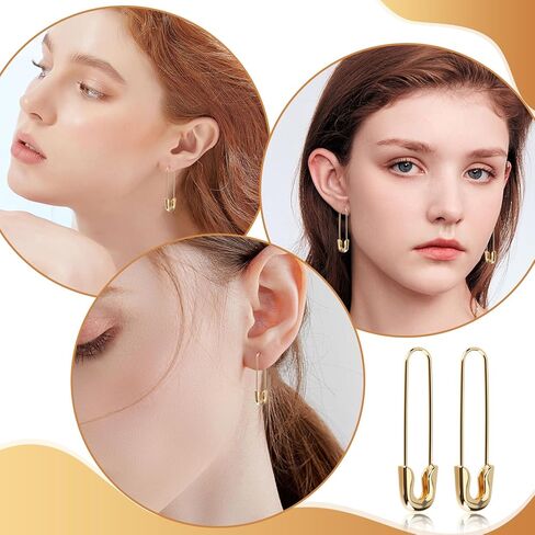 أقراط دبوس أمان ومشبك ورق من الذهب عيار 14 قيراط للنساء، أقراط عصرية فريدة من نوعها، مجوهرات غير تقليدية للارتداء اليومي والحفلات، 43 × 12 ملم in Kuwait