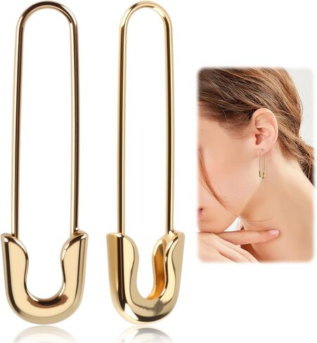 أقراط دبوس أمان ومشبك ورق من الذهب عيار 14 قيراط للنساء، أقراط عصرية فريدة من نوعها، مجوهرات غير تقليدية للارتداء اليومي والحفلات، 43 × 12 ملم in Kuwait