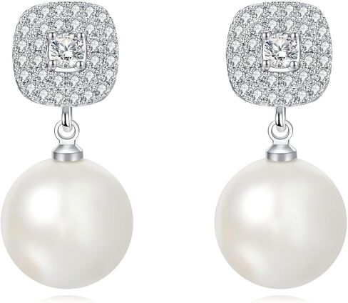 أقراط نسائية من اللؤلؤ الأبيض متدلية من الفضة الاسترليني مع صندوق هدايا مخملي in Kuwait