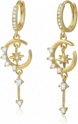 Moon Earrings, Celestial Star and Crescent Dangle Earrings, Elegant Silver Jewelry for Daily Wear and Special Occasions, Pierced Earring Set with Secure Clasp in Saudi Arabia