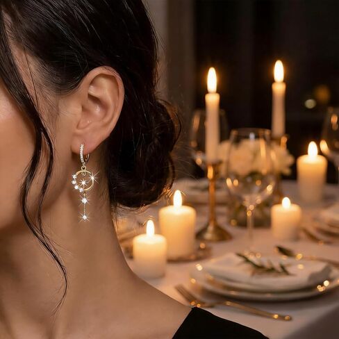 Moon Earrings, Celestial Star and Crescent Dangle Earrings, Elegant Silver Jewelry for Daily Wear and Special Occasions, Pierced Earring Set with Secure Clasp in Saudi Arabia