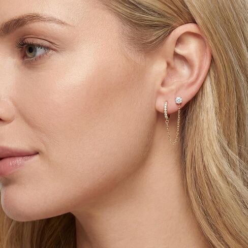 14K Gold Huggie Hoop & Chain Earrings, Double Piercing Earrings with Cubic Zirconia & Pearl, Dangle Ear Cuff & Stud Gift for Women in Saudi Arabia
