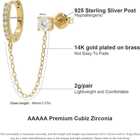 14K Gold Huggie Hoop & Chain Earrings, Double Piercing Earrings with Cubic Zirconia & Pearl, Dangle Ear Cuff & Stud Gift for Women in Saudi Arabia