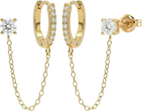 14K Gold Huggie Hoop & Chain Earrings, Double Piercing Earrings with Cubic Zirconia & Pearl, Dangle Ear Cuff & Stud Gift for Women in Saudi Arabia