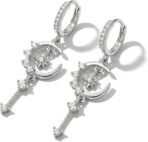 Moon Earrings, Celestial Star and Crescent Dangle Earrings, Elegant Silver Jewelry for Daily Wear and Special Occasions, Pierced Earring Set with Secure Clasp in Kuwait