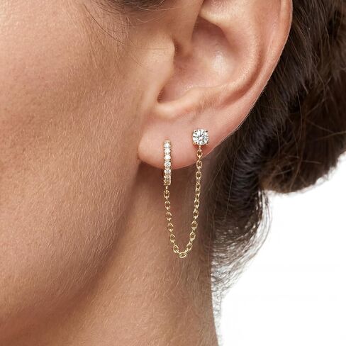 14K Gold Huggie Hoop & Chain Earrings, Double Piercing Earrings with Cubic Zirconia & Pearl, Dangle Ear Cuff & Stud Gift for Women in Saudi Arabia