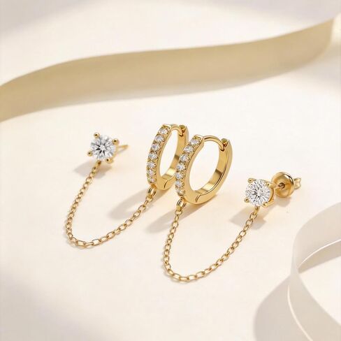 14K Gold Huggie Hoop & Chain Earrings, Double Piercing Earrings with Cubic Zirconia & Pearl, Dangle Ear Cuff & Stud Gift for Women in Saudi Arabia