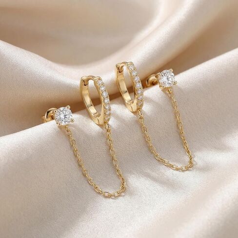 14K Gold Huggie Hoop & Chain Earrings, Double Piercing Earrings with Cubic Zirconia & Pearl, Dangle Ear Cuff & Stud Gift for Women in Saudi Arabia