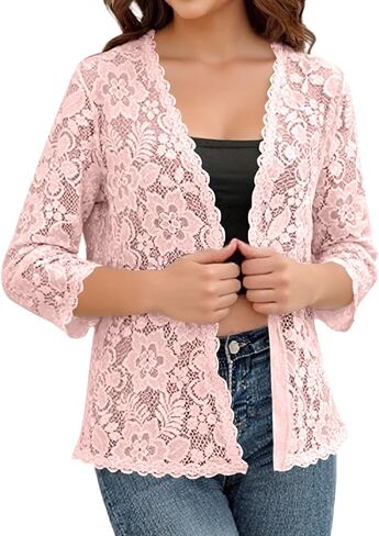 Crochet Cardigans for Women Lightweight 3/4 Sleeve Open Front Bolero Shrug Summer Dressy Casual Lace Cardigan Sweater in Saudi Arabia