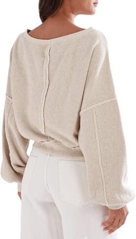 Amazhiyu Women's Linen Crewneck Cropped Sweatshirts Long Sleeve Fall Pullover in Saudi Arabia