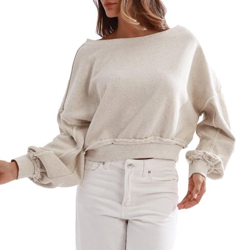 Amazhiyu Women's Linen Crewneck Cropped Sweatshirts Long Sleeve Fall Pullover in Saudi Arabia