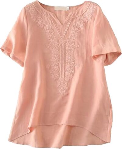 Minibee المرأة قمصان كتان الصيف بوهو بلايز بلوزة قطن الخامس الرقبة قصيرة الأكمام المطرزة تونك in Kuwait