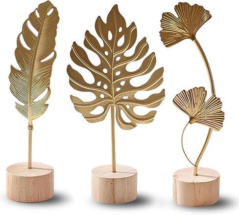 Gold Leaf Home Decor Set – Metal Leaf Tabletop Ornament with Wood Base, 3 Designs (Monstera, Ginkgo, Feather) for Desk, Shelf, Living Room in Saudi Arabia