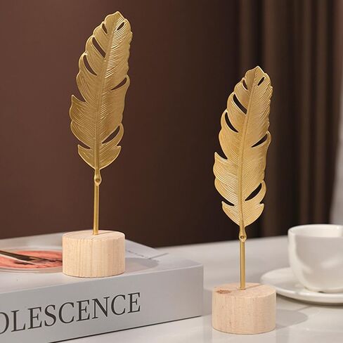 Gold Leaf Home Decor Set – Metal Leaf Tabletop Ornament with Wood Base, 3 Designs (Monstera, Ginkgo, Feather) for Desk, Shelf, Living Room in Saudi Arabia