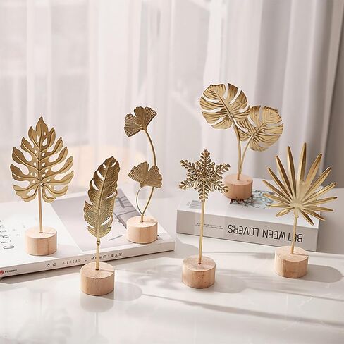 Gold Leaf Home Decor Set – Metal Leaf Tabletop Ornament with Wood Base, 3 Designs (Monstera, Ginkgo, Feather) for Desk, Shelf, Living Room in Saudi Arabia